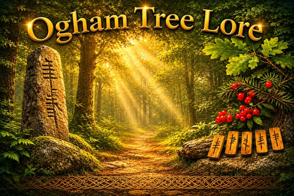 ogham-tree-lore-celtic-tree-wisdom Ogham Tree Lore forest scene with ogham stone, Celtic tree wisdom symbols and sacred woodland path