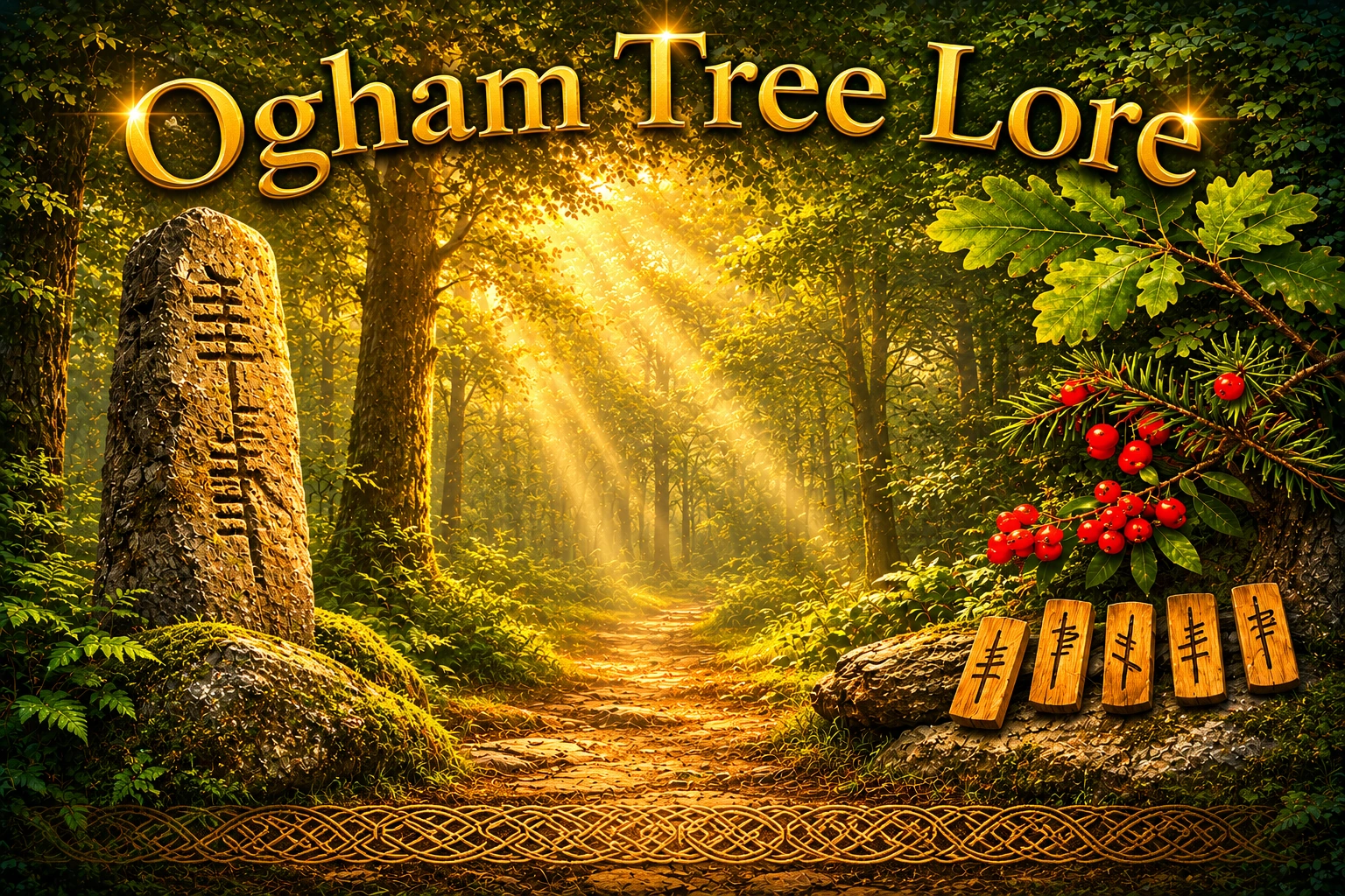 Ogham Tree Lore forest scene with ogham stone, Celtic tree wisdom symbols and sacred woodland path
