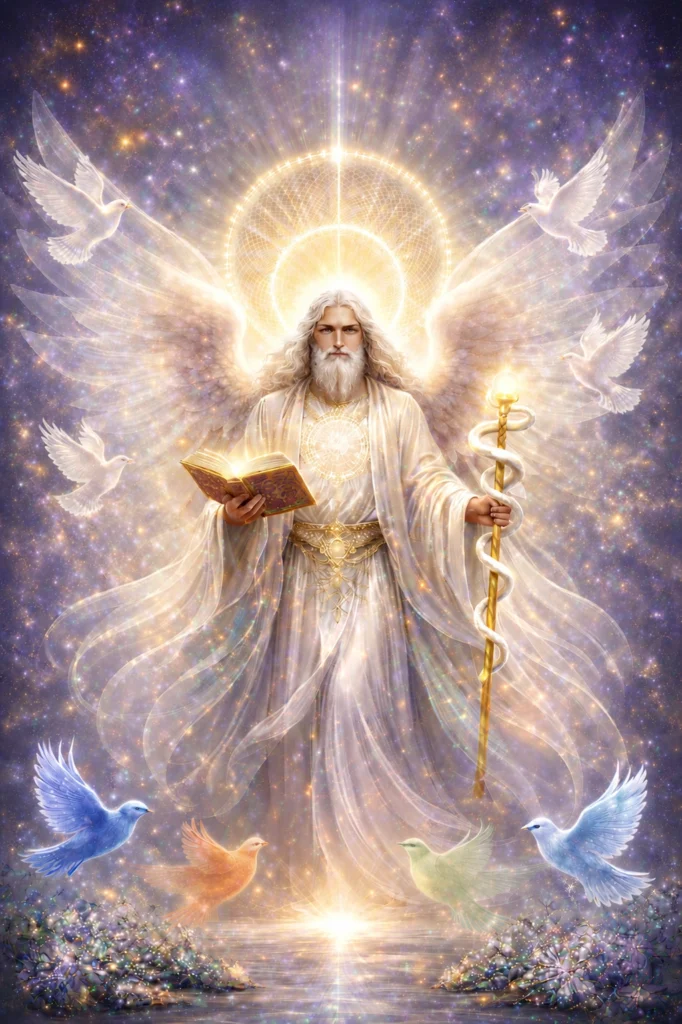 Bnwyfre Holistic Healing Therapies featuring a radiant angelic healer surrounded by light, doves, sacred symbols, and celestial energies representing the Breath of Life and holistic healing.