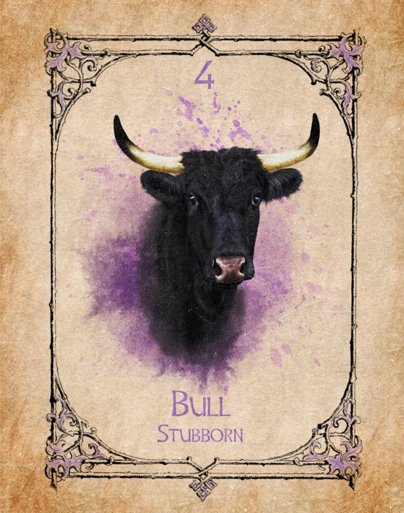 Bull - Stubborn - Animal Spirit Oracle Illustration of a bull representing stubbornness in the Animal Spirit Oracle.