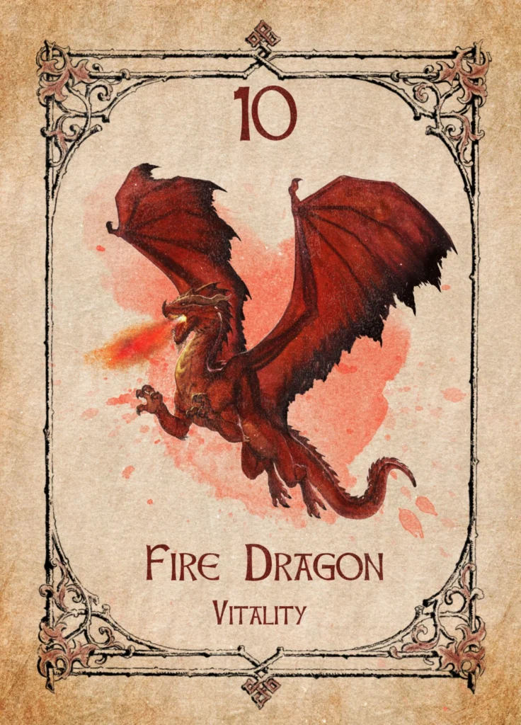 Fire Dragon Animal Spirit Oracle Illustration of a Fire Dragon breathing flame on the Animal Spirit Oracle card representing vitality.