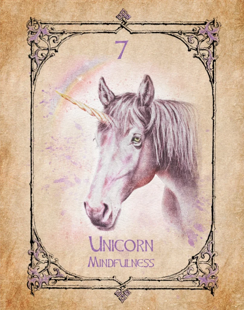 Unicorn - Mindfulness - Animal Spirit Oracle Illustration of a unicorn representing mindfulness in the Animal Spirit Oracle.
