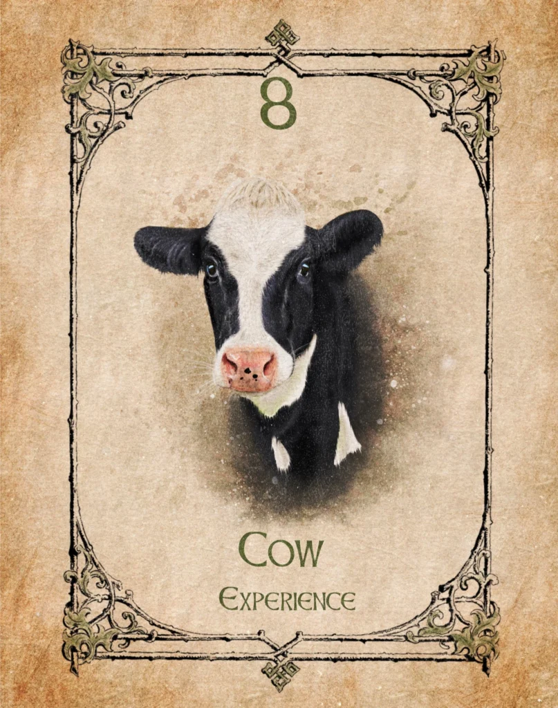 cow-experience-animal-spirit-oracle Cow Animal Spirit Oracle illustration representing experience, motherhood, nurturing and the divine feminine.