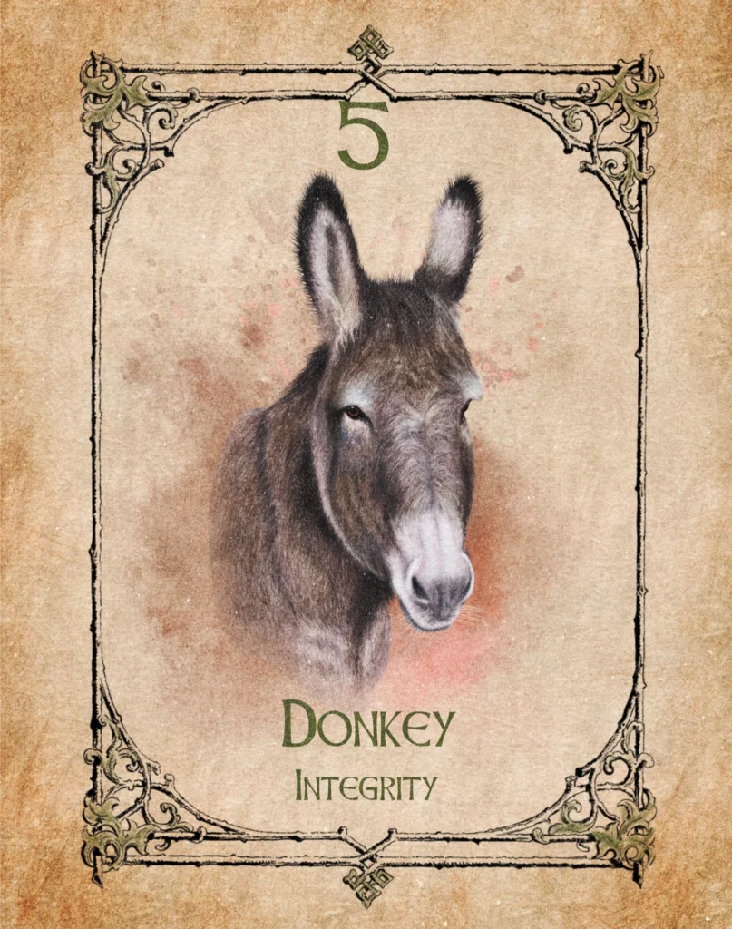 donkey-integrity-animal-spirit-oracle Illustration of a donkey on the Animal Spirit Oracle card representing change, integrity and safety.
