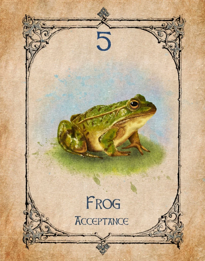 frog-acceptance-animal-spirit-oracle Illustration of a frog representing acceptance in the Animal Spirit Oracle.