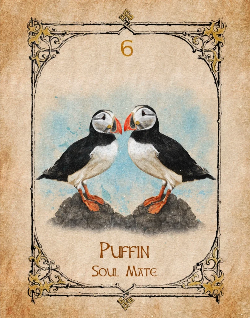 puffin-soul-mate-animal-spirit-oracle Puffin Animal Spirit Oracle illustration representing soul mate, romance, balance and eternal love.