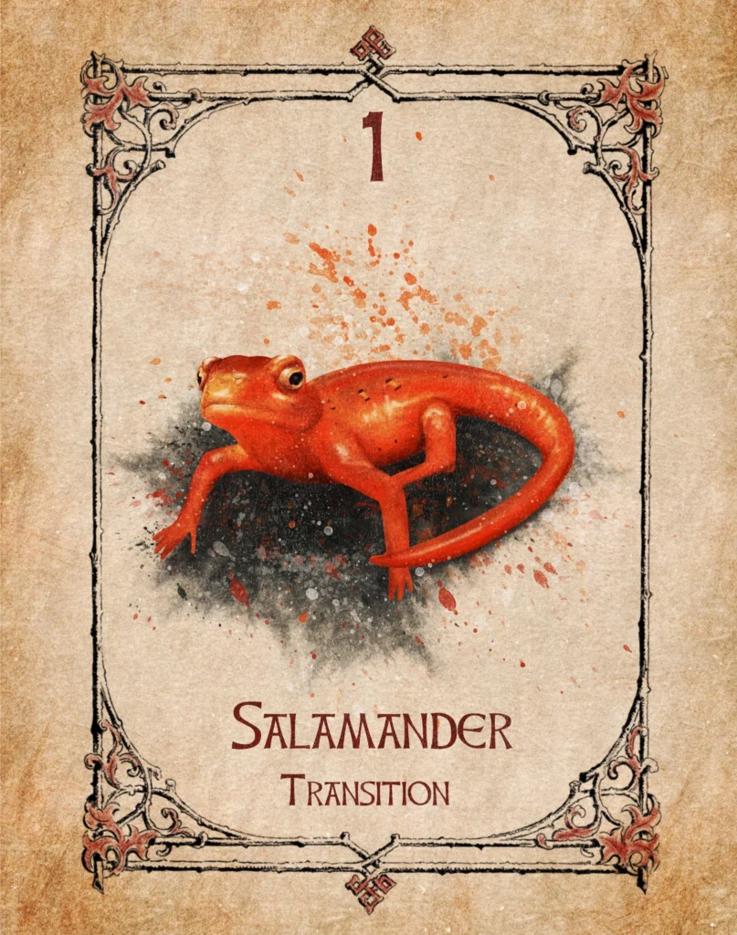 salamander-transition-animal-spirit-oracle Salamander Animal Spirit Oracle illustration representing transition, new beginnings, action and transformation.