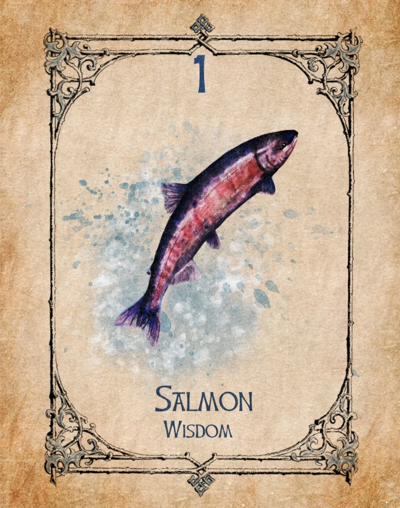 salmon-wisdom-animal-spirit-oracle Watercolour illustration of a salmon representing wisdom in the Animal Spirit Oracle.