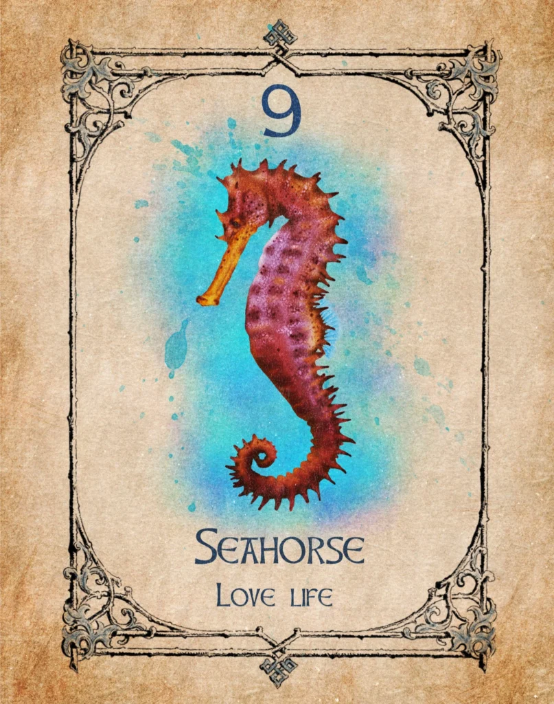 seahorse-love-life-animal-spirit-oracle Illustration of a seahorse representing love life in the Animal Spirit Oracle