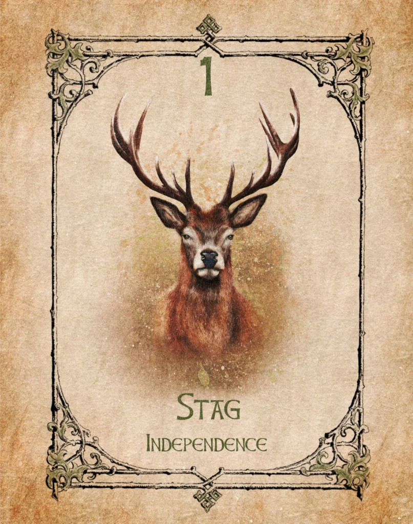 stag-independence-animal-spirit-oracle Stag Animal Spirit Oracle card symbolising independence, leadership, inner strength, confidence and noble purpose.