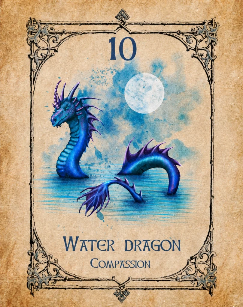 water-dragon-compassion-animal-spirit-oracle Illustration of a water dragon representing compassion in the Animal Spirit Oracle.