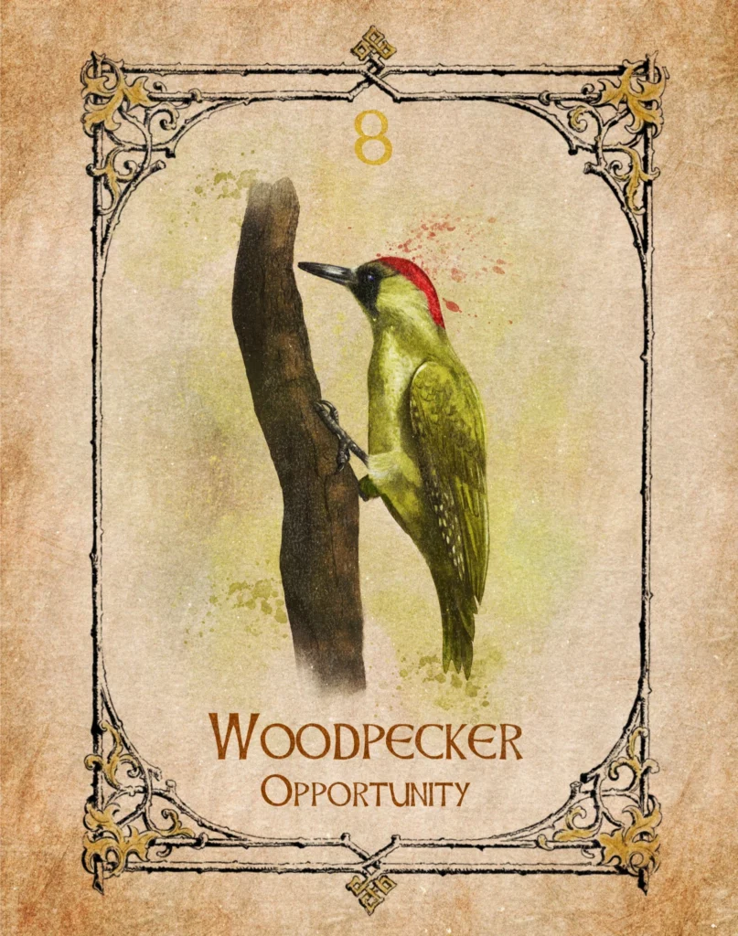 woodpecker-opportunity-animal-spirit-oracle Woodpecker Animal Spirit Oracle illustration representing opportunity, perseverance and healing.