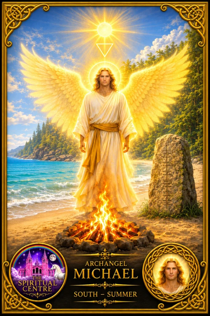 AA-Michael-card Archangel Michael with golden wings beside a sacred fire, representing South, Summer and the element of Fire.