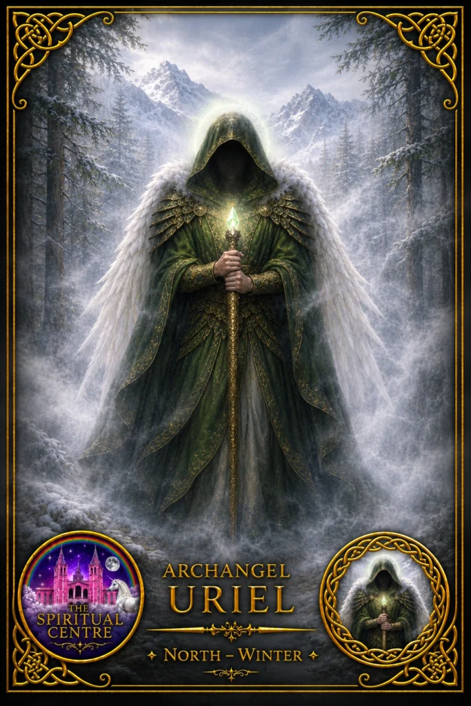 AA-Uriel-Card Archangel Uriel standing in a snowy mountain forest, dressed in green and gold with white wings and a glowing staff, representing North and Winter.
