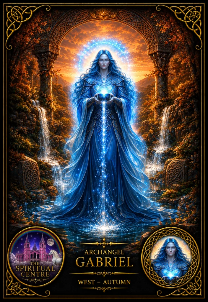 Archangel Gabriel in blue robes holding a radiant chalice, surrounded by waterfalls and autumn woodland within a gold Celtic frame.