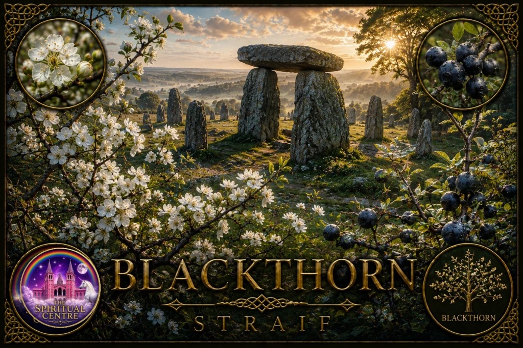 Blackthorn tree in white spring blossom with dark sloes surrounding an ancient stone monument in a sunlit Celtic landscape.