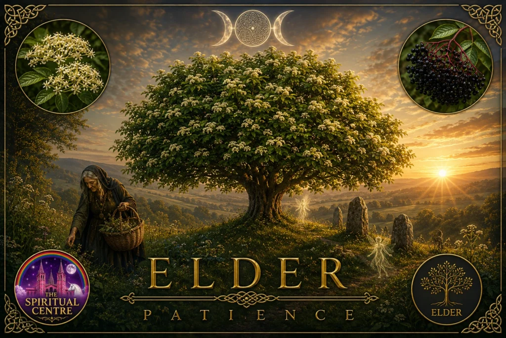Elder tree in full white blossom at sunset, with the Crone gathering herbs, standing stones, fairies, elderflowers and elderberries.