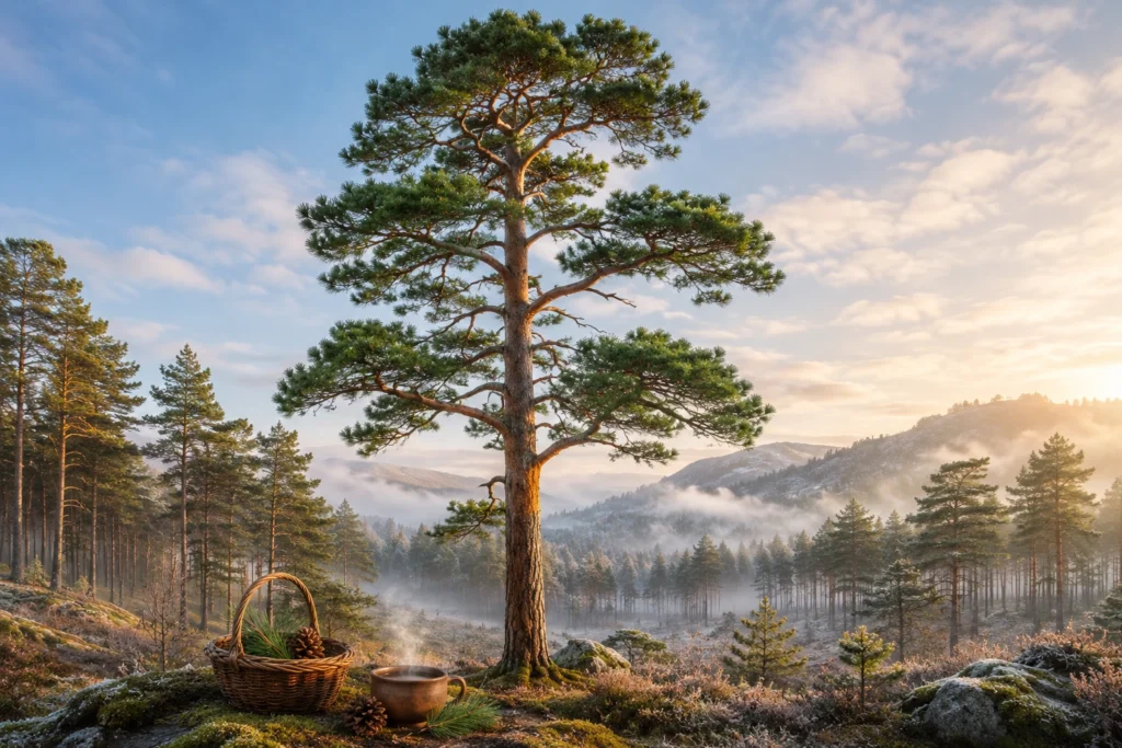 Fir Tree, Scots Pine, standing in a misty Highland landscape with pine needles, cones and a steaming herbal cup.