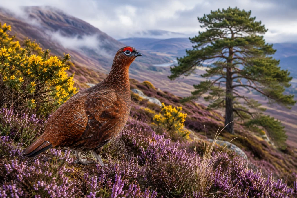 Red grouse standing amongst flowering purple Heather and Gorse on a Scottish mountainside, with a Scots Pine overlooking the heath.