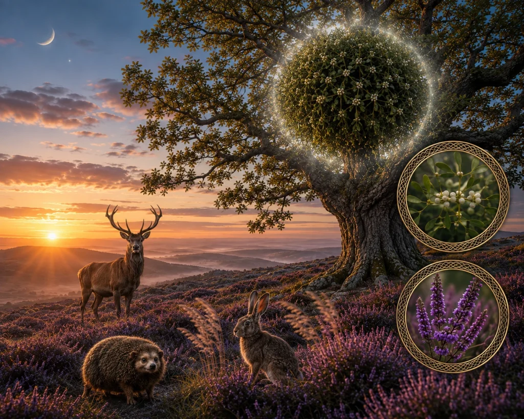 Heather and Mistletoe beneath an ancient Oak with stag, mountain hare and Wild Haggis on a purple Celtic heath at first light.