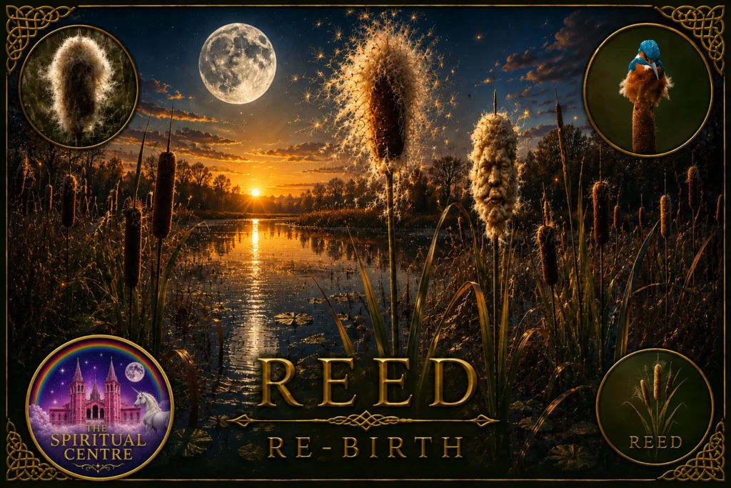 Reed representing Re-birth, growing beside a moonlit wetland with bursting seed heads, a naturally face-like reed and a kingfisher.