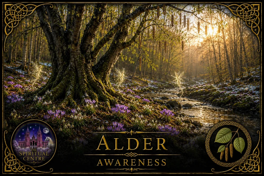 Alder Tree at the threshold of winter and spring, surrounded by snowdrops, crocuses and subtle Fae beside a woodland stream.