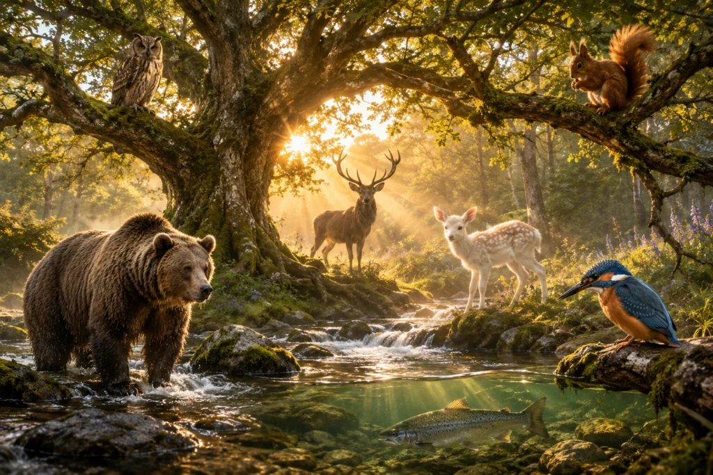 animal-spirit-oracle Animal Spirit Oracle woodland with stag, white fawn, bear, red squirrel, owl, kingfisher and salmon gathered around an ancient Oak and flowing stream.