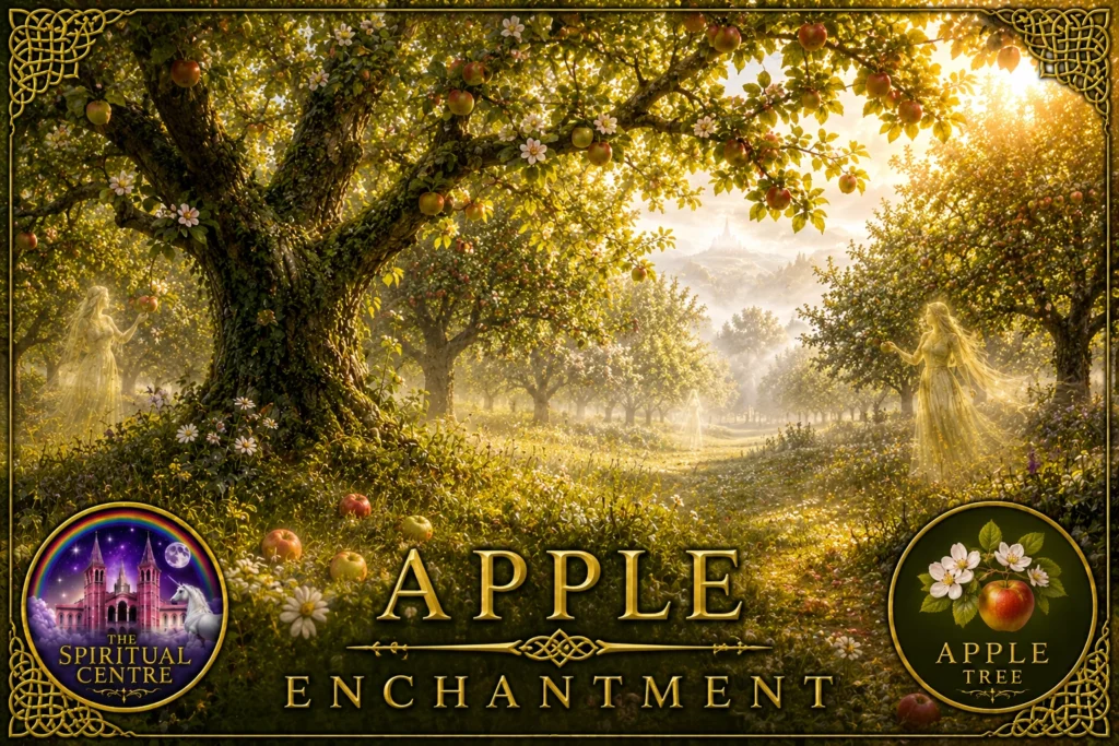 Apple Tree representing Enchantment, with ripe apples, blossom and translucent Hesperides in a sunlit mystical orchard leading towards Avalon.