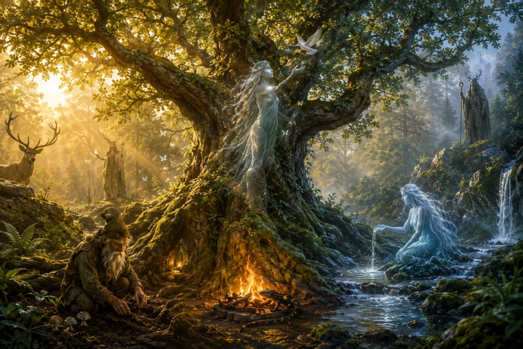 Celtic Totems and Entities gathered around an ancient oak tree, with elemental beings, stag, gnome, salamander, water spirit and woodland entities.