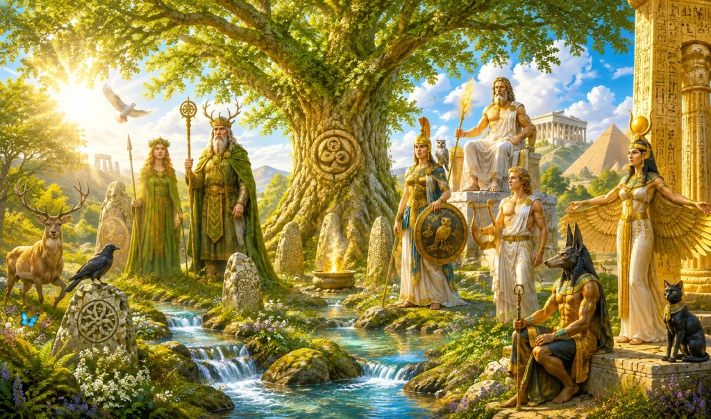 Celtic, Greek and Egyptian gods and deities gathered around a sacred oak tree beside flowing blue water in a sunlit natural landscape.