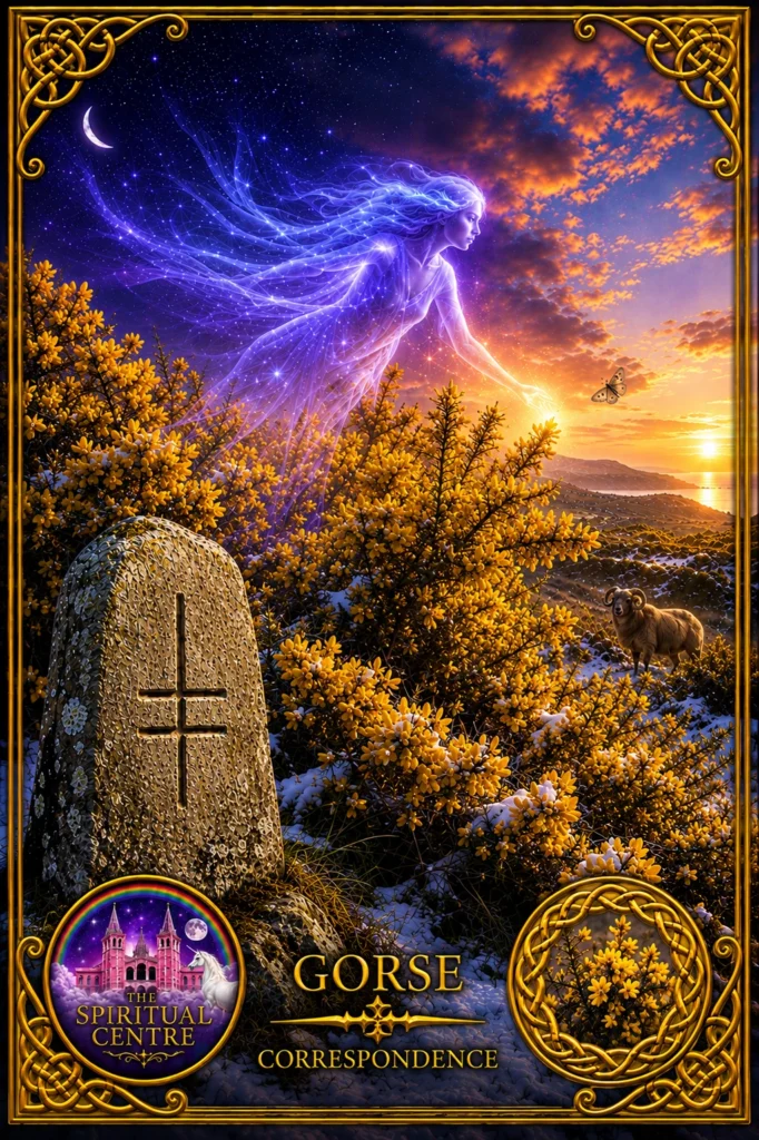 Gorse Correspondence card showing golden Gorse flowering through snow at twilight, with Queen Mab, a ram, moth and Ohn stone.