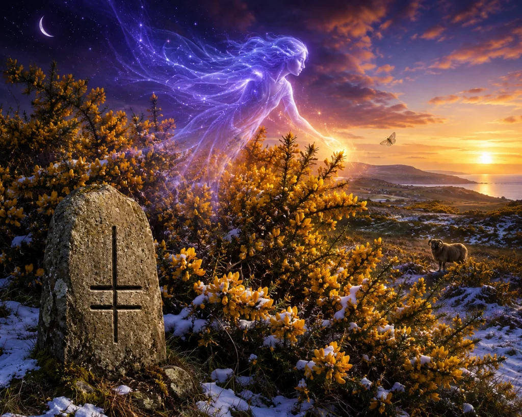 Gorse Correspondence card showing golden Gorse flowering through snow at twilight, with Queen Mab, a ram, moth and Ohn stone.