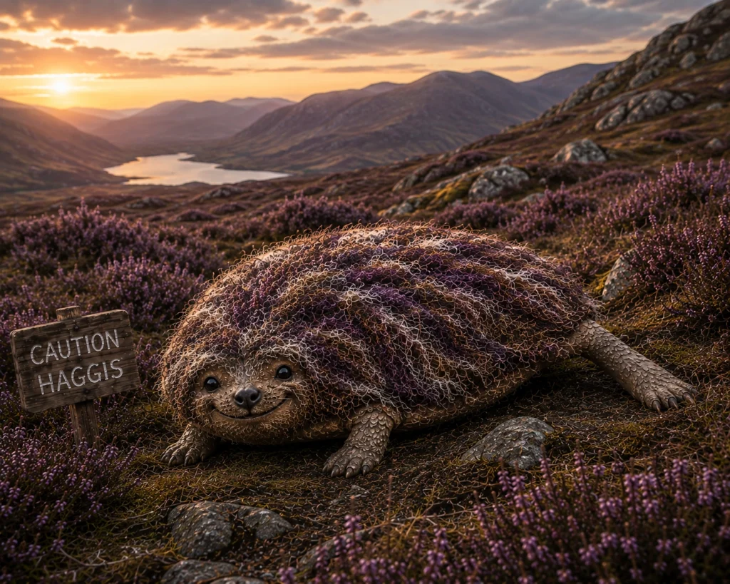 Wild Haggis camouflaged amongst purple Heather on a Scottish mountainside beside a Caution Haggis sign.