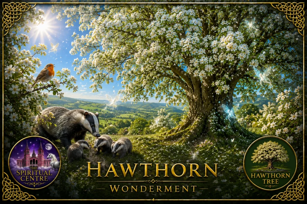 Hawthorn Tree in spring blossom representing Wonderment, with a robin, badger and three cubs surrounded by ethereal fairies.