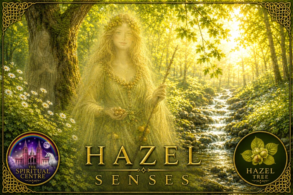 Hazel Tree representing Senses, with an ethereal woodland woman holding hazelnuts and a hazel wand beside a sunlit stream, with a translucent nun amongst the trees.