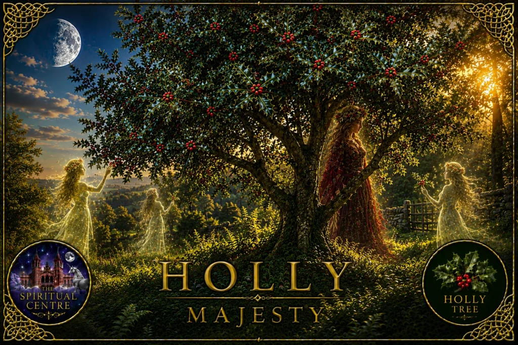 Holly Tree representing Majesty, with red berries, the Holly Queen and translucent Hesperids beneath a waning moon.