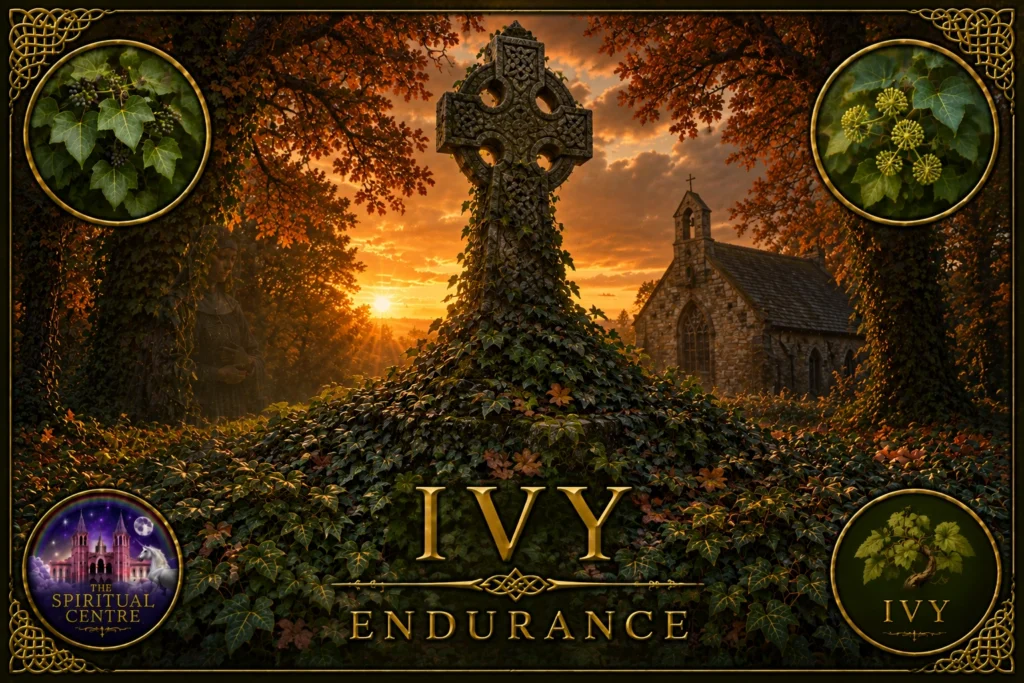 Ivy representing Endurance, covering an ancient Celtic cross in an autumn churchyard with the translucent figure of a nun hidden amongst the foliage.