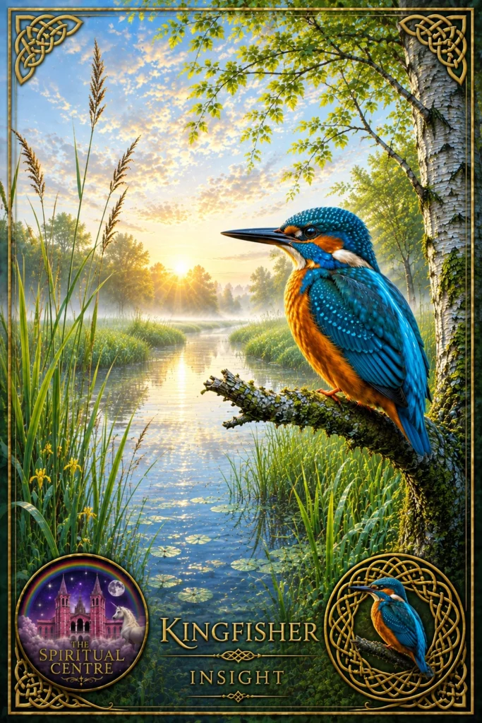 kingfisher-insight-animal-spirit-oracle Illustration of a kingfisher representing insight in the Animal Spirit Oracle.
