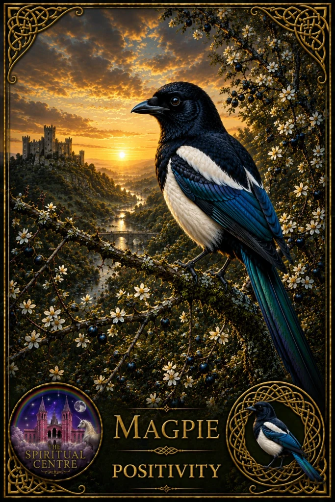 magpie-positivity-animal-spirit-oracle Illustration of a magpie representing insight in the Animal Spirit Oracle.