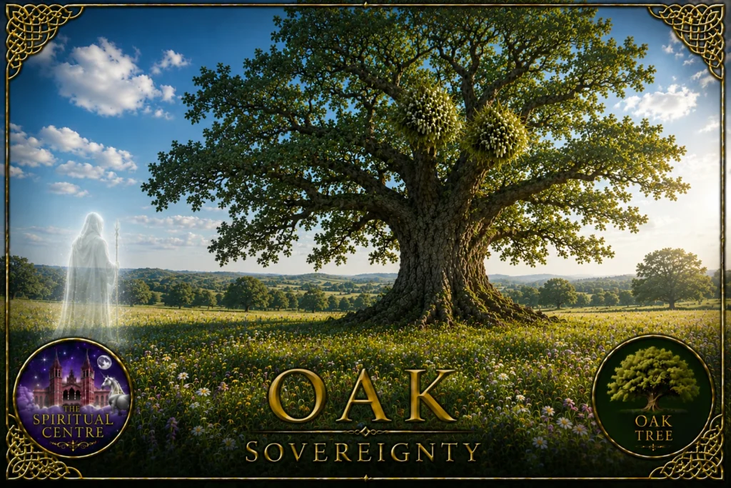 Ancient Oak Tree representing Sovereignty, with mistletoe and an ethereal Druid standing within a summer meadow.