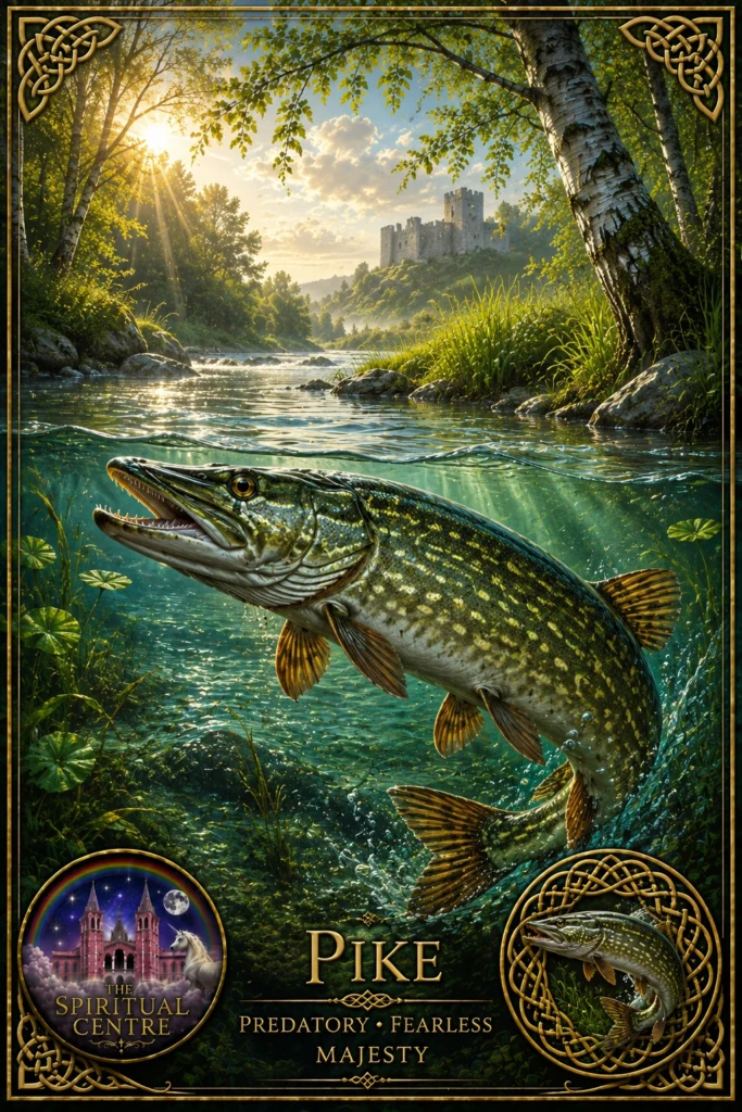 pike-predatory-animal-spirit-oracle Illustration of a pike representing predatory, in the Animal Spirit Oracle.