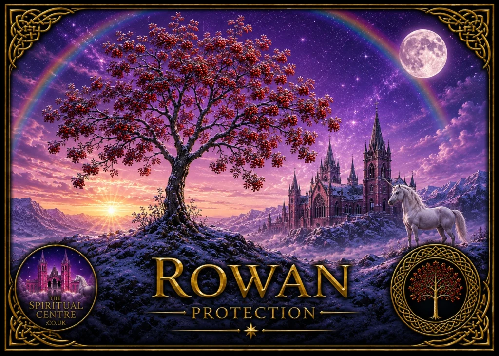 Rowan tree heavy with red berries in a winter mountain landscape, with a white unicorn, cathedral, full moon and the word Protection.
