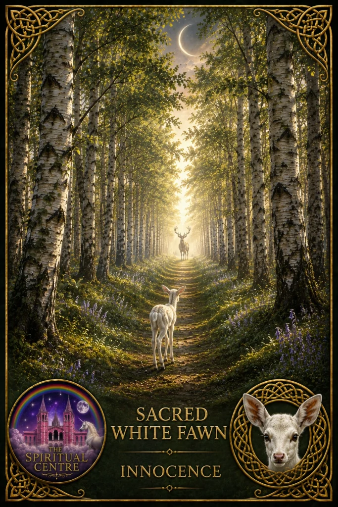sacred-white-fawn-innocence-animal-spirit-oracle-2 Illustration of a sacred white fawn representing innocence in the Animal Spirit Oracle.