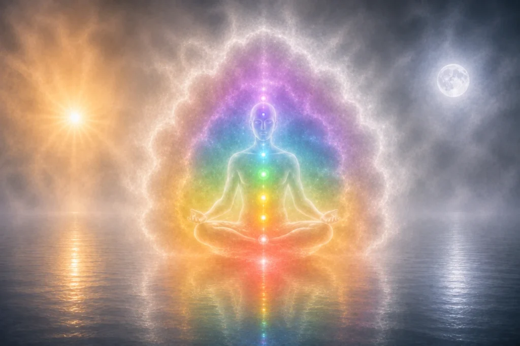 secret-harmonies Transparent human figure surrounded by coloured auric energy and mist between sunlight and moonlight, representing psychic senses and Secret Harmonies.