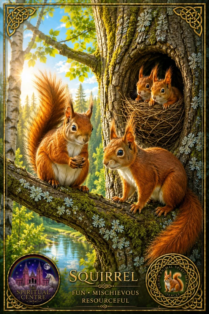 squirrel-fun-animal-spirit-oracle Illustration of a family of red squirrels representing Fun, in the Animal Spirit Oracle