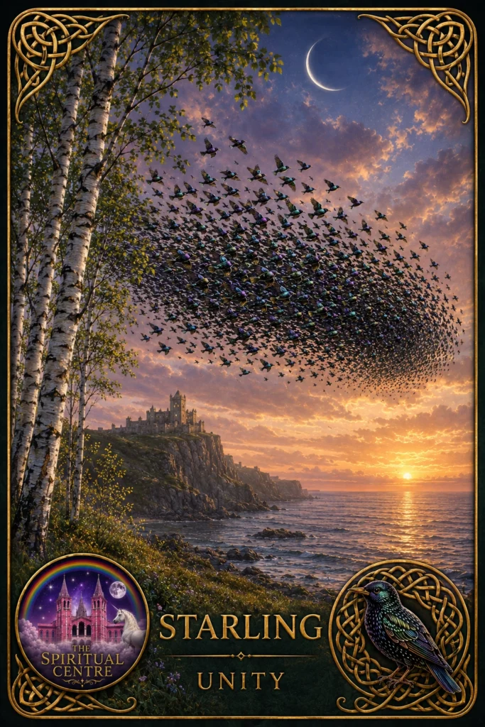 starling-unity-animal-spirit-oracle Illustration of a murmuration of starlings representing unity in the Animal Spirit Oracle.
