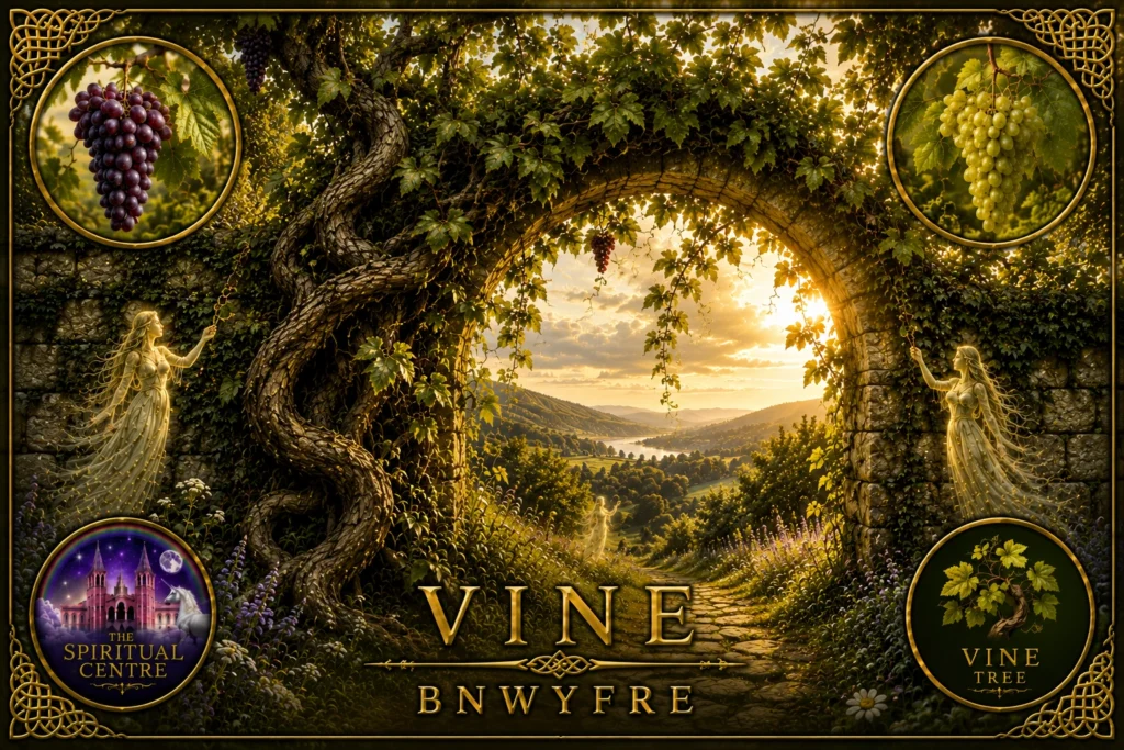 Vine representing Bnwyfre, growing around an ancient stone arch with red and green grapes overlooking a sunlit landscape.