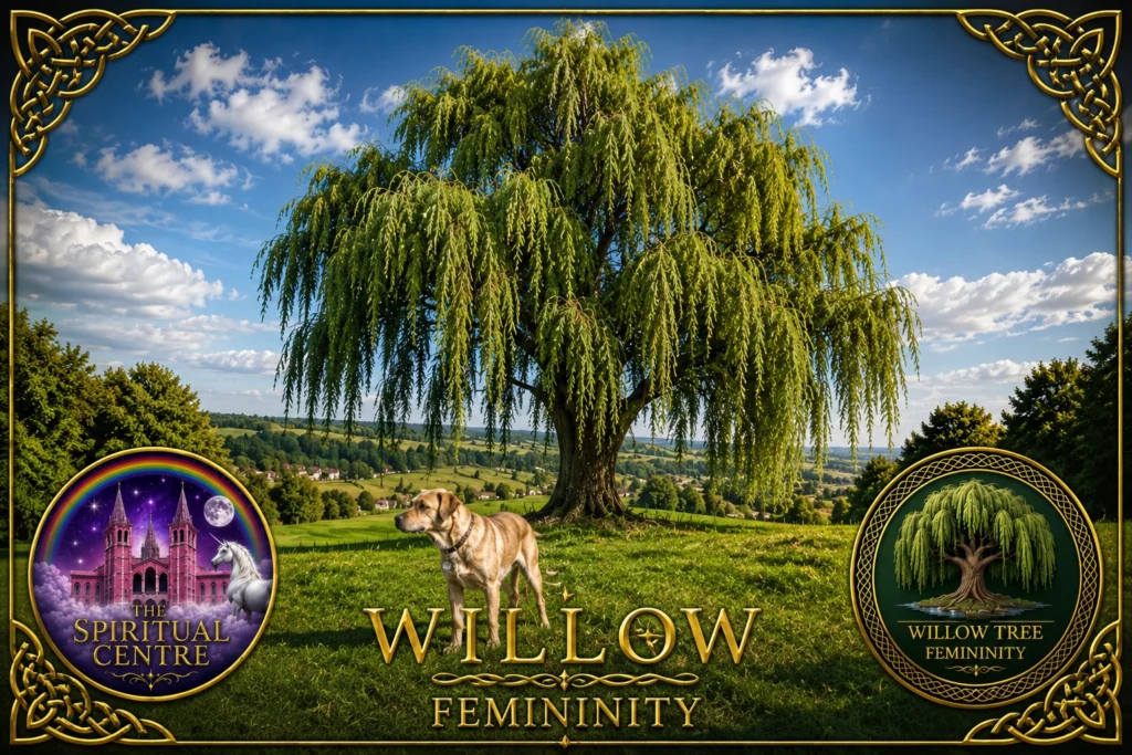Willow Tree representing femininity, with a dog beneath the willow in a green British landscape.