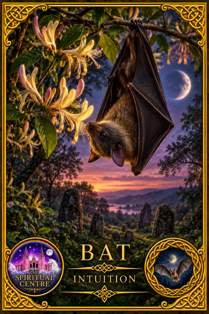 Bat hanging from flowering honeysuckle at twilight beneath a crescent moon, representing intuition in the Animal Spirit Oracle.