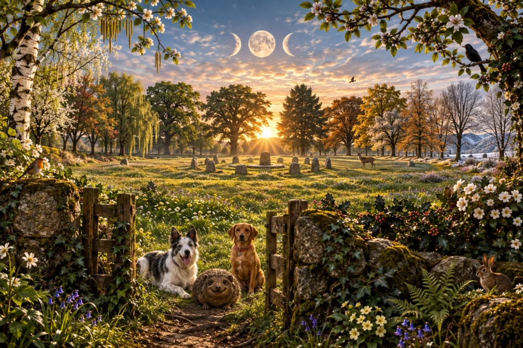 Grove Ogham Tree Lore illustration with the twenty Ogham trees surrounding a seasonal meadow, stone circle, Sun and triple Moon, with two dogs and a smiling haggis at the entrance.